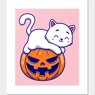 Cute Cat Laying On Pumpkin Halloween Cartoon Posters and Art